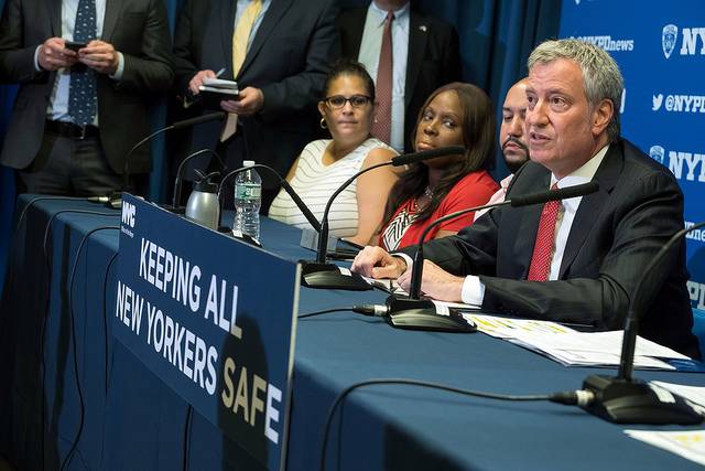 Mayor de Blasio at Tuesday's press conference in the Bronx